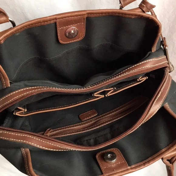 Chaps black nylon bag with brown trim, silver-tone hardware - Picture 6 of 7